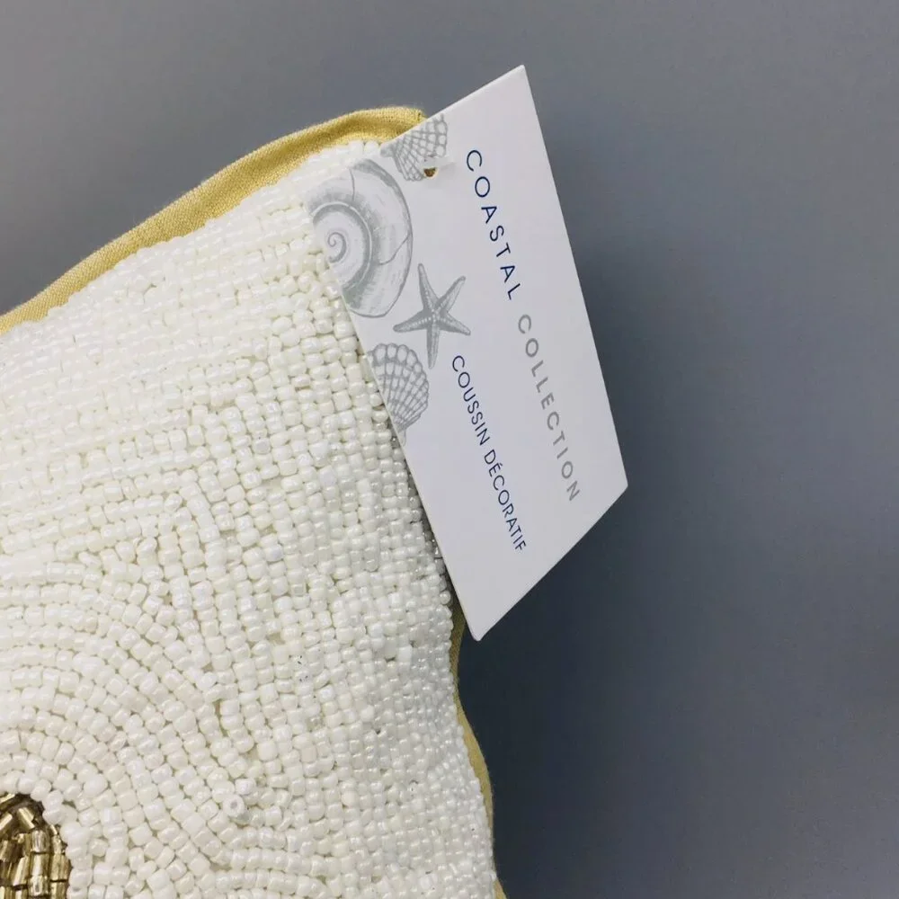 Coastal Collection White Gold Coral Beaded Pillow Beach Ocean Decor Summer 14